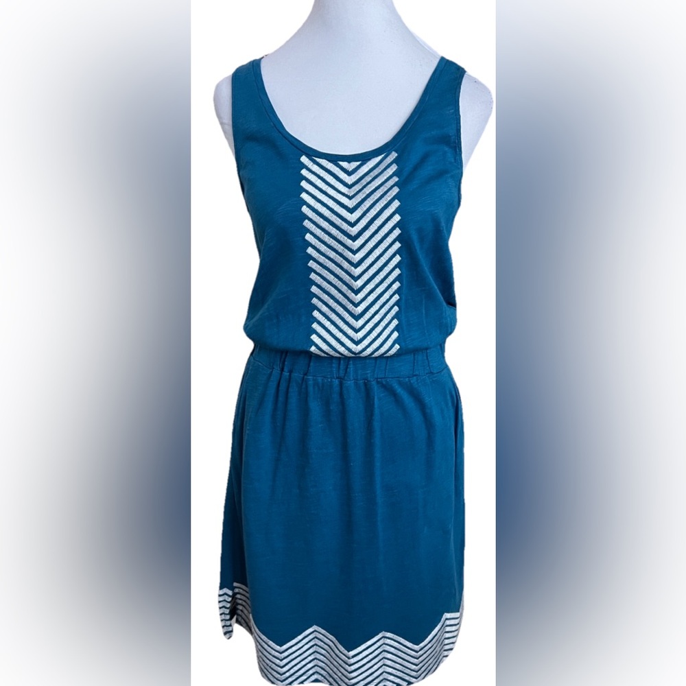 TOMMY HILFIGER Teal Blue & White Sleeveless Embroidered Summer Dress Small